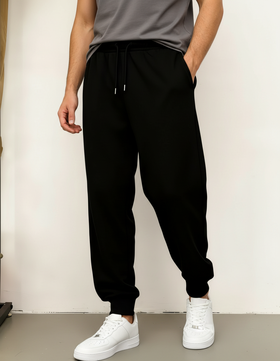 Pantalon Fluide Noir Ample Cordon Sport Casual Homme - Molleton