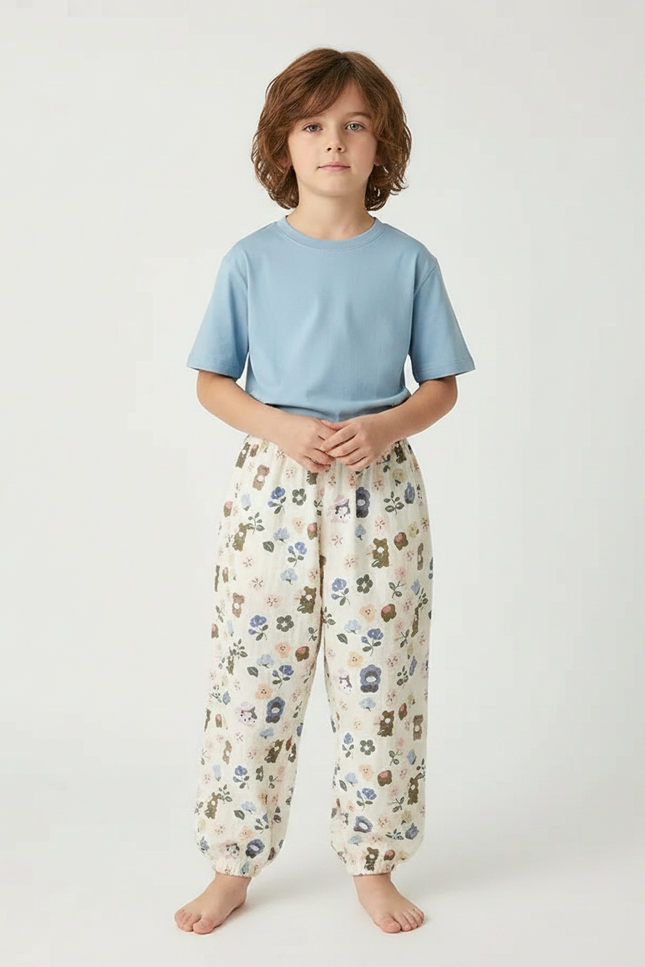 Pantalon Fluide Imprimé Floral Mignon Beige Enfant - Lin