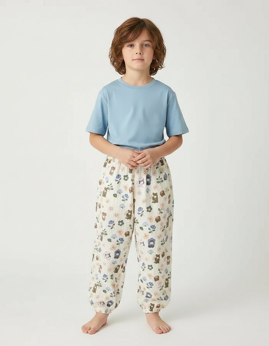 Pantalon Fluide Imprimé Floral Mignon Beige Enfant - Lin