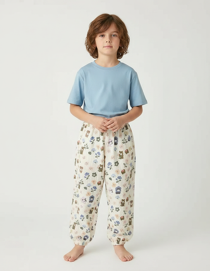 Pantalon Fluide Imprimé Floral Mignon Beige Enfant - Lin