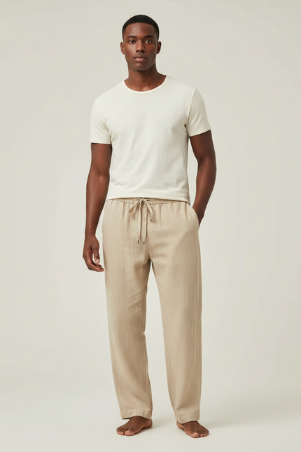 Pantalon Fluide Beige Lin Ample Cordon Homme