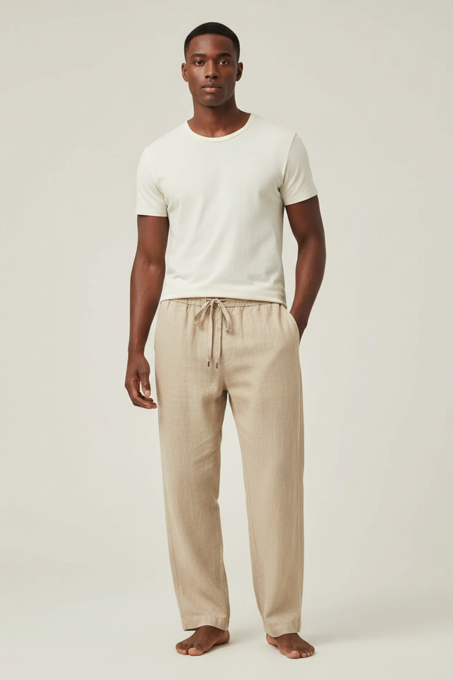 Pantalon Fluide Beige Lin Ample Cordon Homme