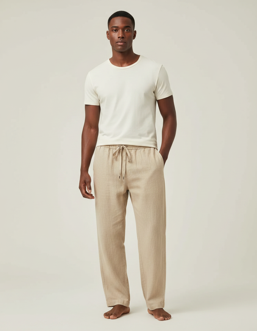 Pantalon Fluide Beige Lin Ample Cordon Homme