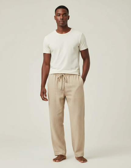 Pantalon Fluide Beige Lin Ample Cordon Homme