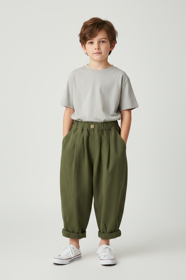 Pantalon Fluide Vert Kaki Ample Coton Enfant