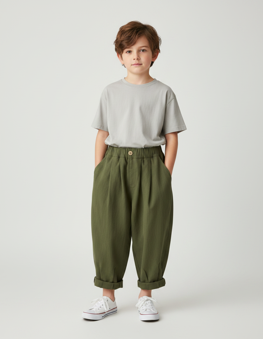 Pantalon Fluide Vert Kaki Ample Coton Enfant