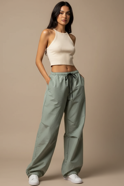 Pantalon Fluide Cargo Vert Ample Taille Basse - Polyester