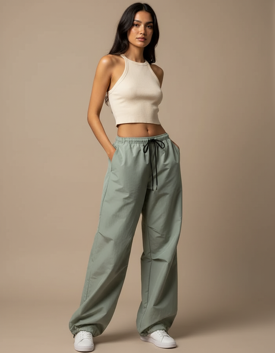 Pantalon Fluide Cargo Vert Ample Taille Basse - Polyester