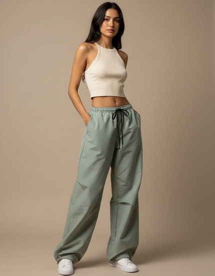 Pantalon Fluide Cargo Vert Ample Taille Basse - Polyester