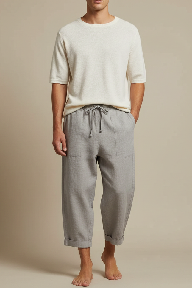Pantalon Fluide Gris Lin Ample Cordon Décontracté