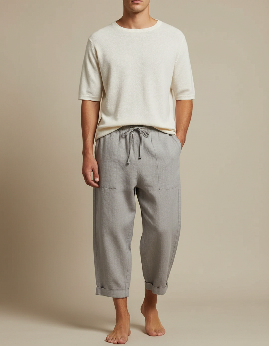 Pantalon Fluide Gris Lin Ample Cordon Décontracté