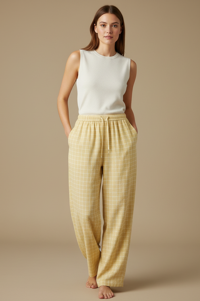 Pantalon Fluide Jaune Carreaux Coton Ample Décontracté Femme - Molleton