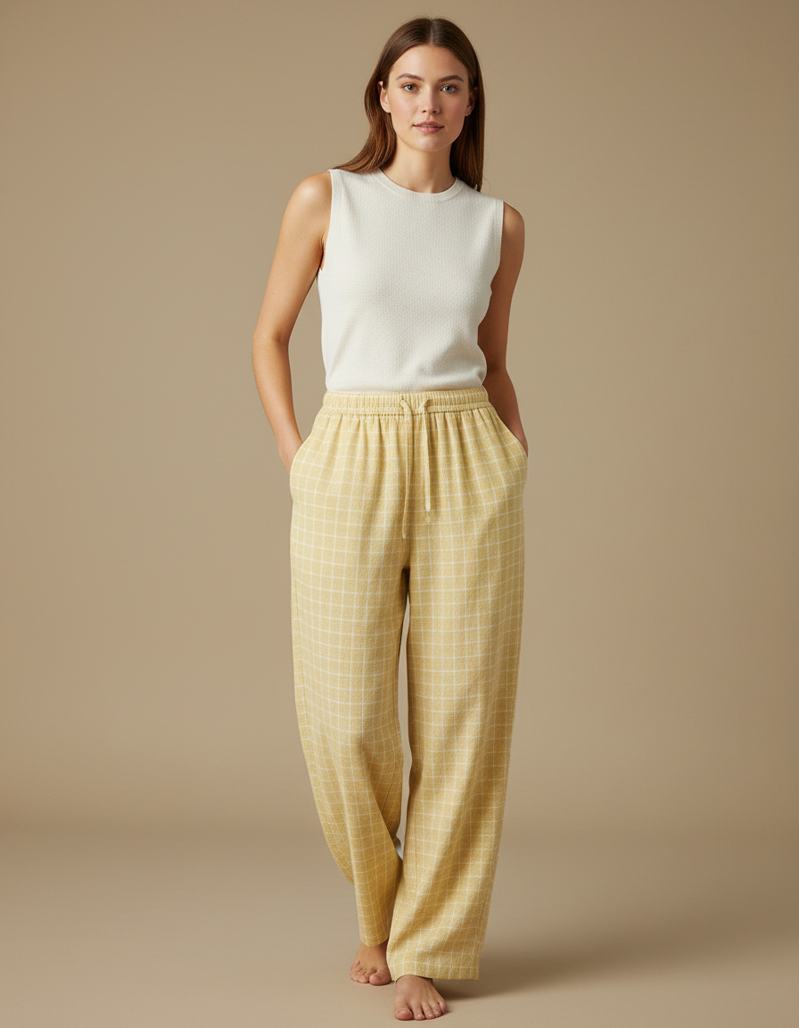 Pantalon Fluide Jaune Carreaux Coton Ample Décontracté Femme - Molleton