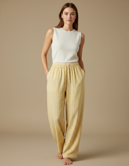 Pantalon Fluide Jaune Carreaux Coton Ample Décontracté Femme - Molleton