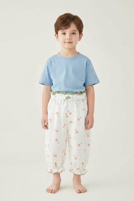 Pantalon Fluide Blanc Imprimé Fleurs Coton Léger Enfant