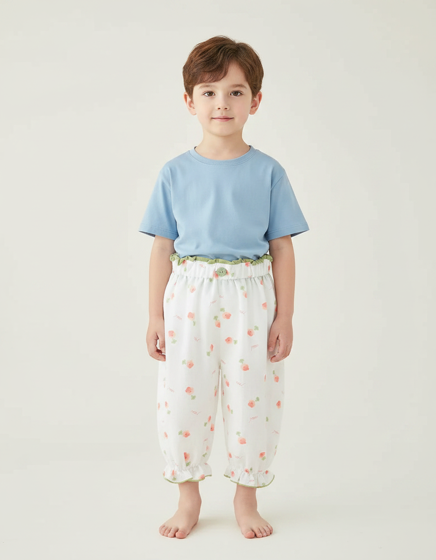 Pantalon Fluide Blanc Imprimé Fleurs Coton Léger Enfant