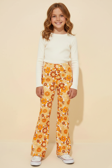 Pantalon Fluide Évasé Imprimé Floral Rétro Orange Confortable - Maille