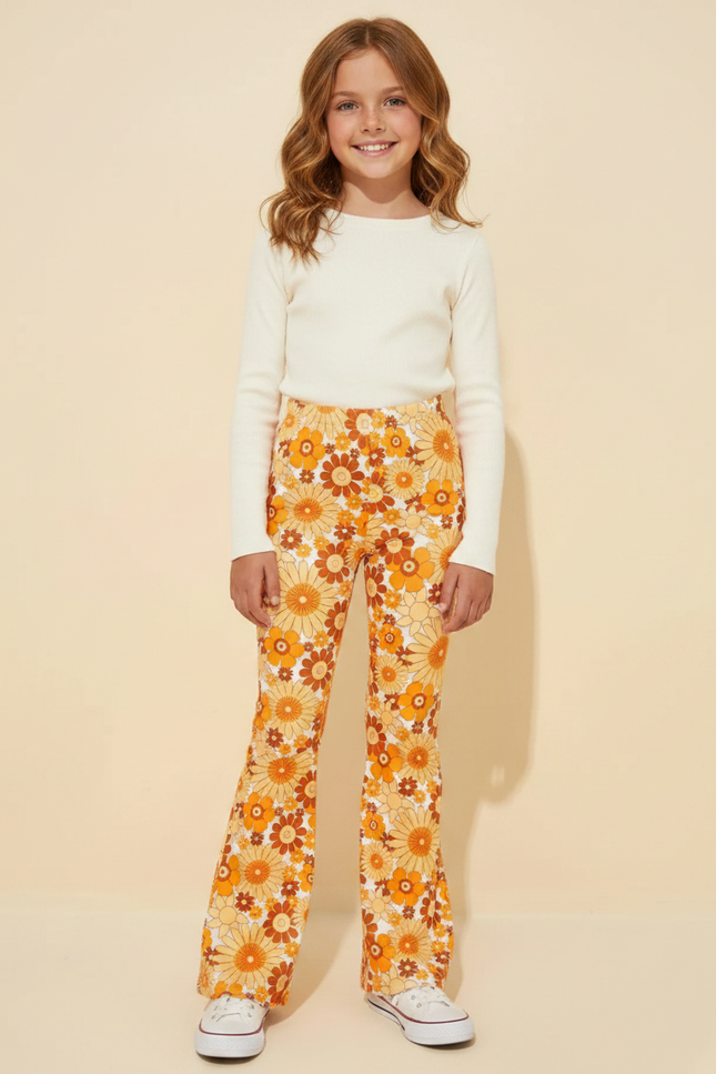 Pantalon Fluide Évasé Imprimé Floral Rétro Orange Confortable - Maille