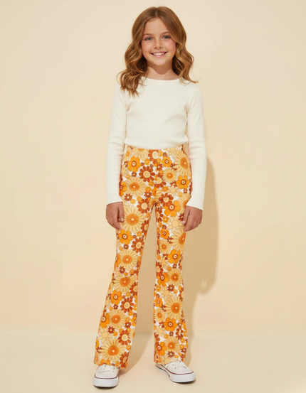 Pantalon Fluide Évasé Imprimé Floral Rétro Orange Confortable - Maille