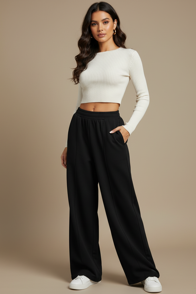 Pantalon Fluide Noir Ample Décontracté Poches - Molleton