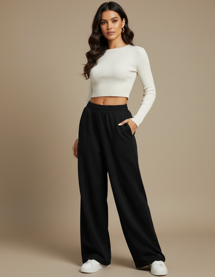 Pantalon Fluide Noir Ample Décontracté Poches - Molleton