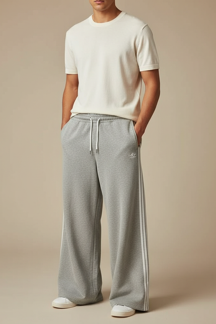 Pantalon Fluide Gris Ample Coton Rayé Décontracté Homme - Molleton