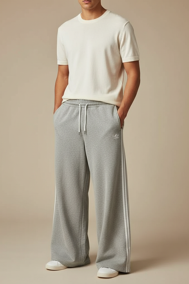 Pantalon Fluide Gris Ample Coton Rayé Décontracté Homme - Molleton