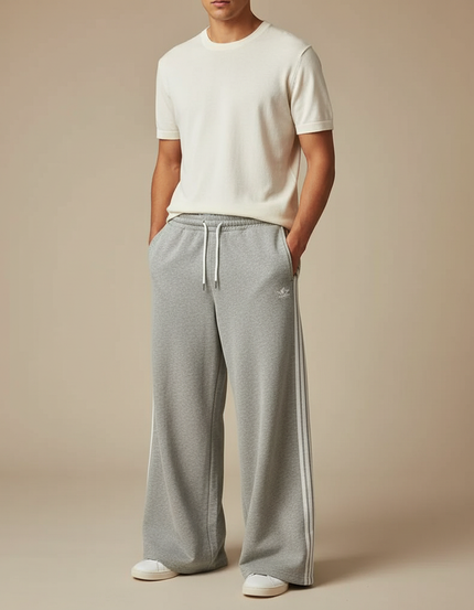 Pantalon Fluide Gris Ample Coton Rayé Décontracté Homme - Molleton