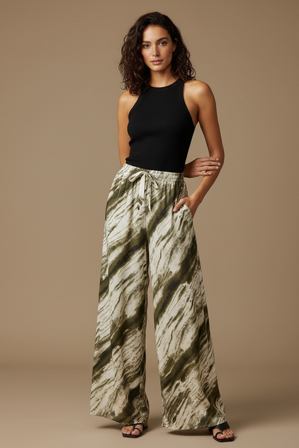 Pantalon Fluide Vert Imprimé Ample Bohème Cordon - Kaki Viscose