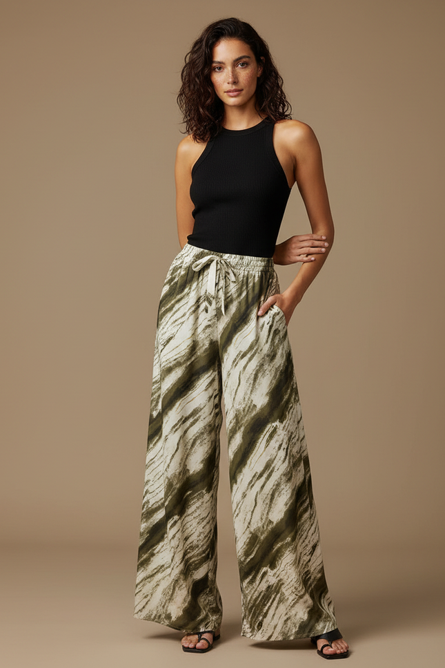 Pantalon Fluide Vert Imprimé Ample Bohème Cordon - Kaki Viscose