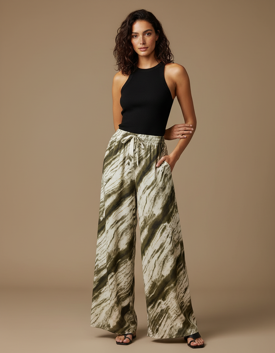 Pantalon Fluide Vert Imprimé Ample Bohème Cordon - Kaki Viscose
