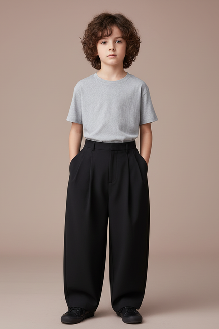 Pantalon Fluide Noir Ample Plissé Élégant Garçon - Polyester