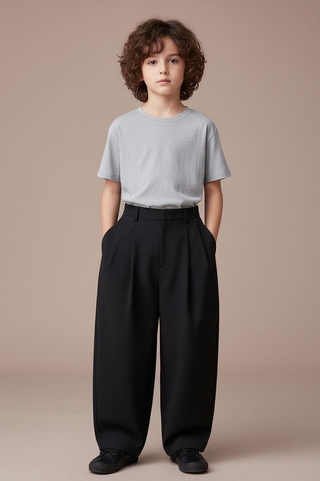 Pantalon Fluide Noir Ample Plissé Élégant Garçon - Polyester
