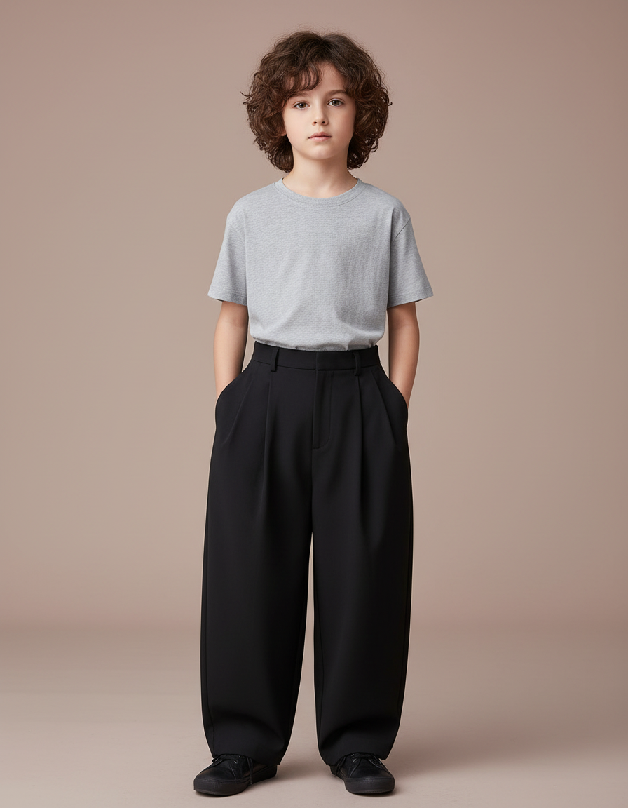 Pantalon Fluide Noir Ample Plissé Élégant Garçon - Polyester