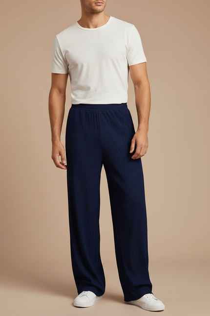 Pantalon Fluide Bleu Marine Côtelé Ample Décontracté Homme - Maille