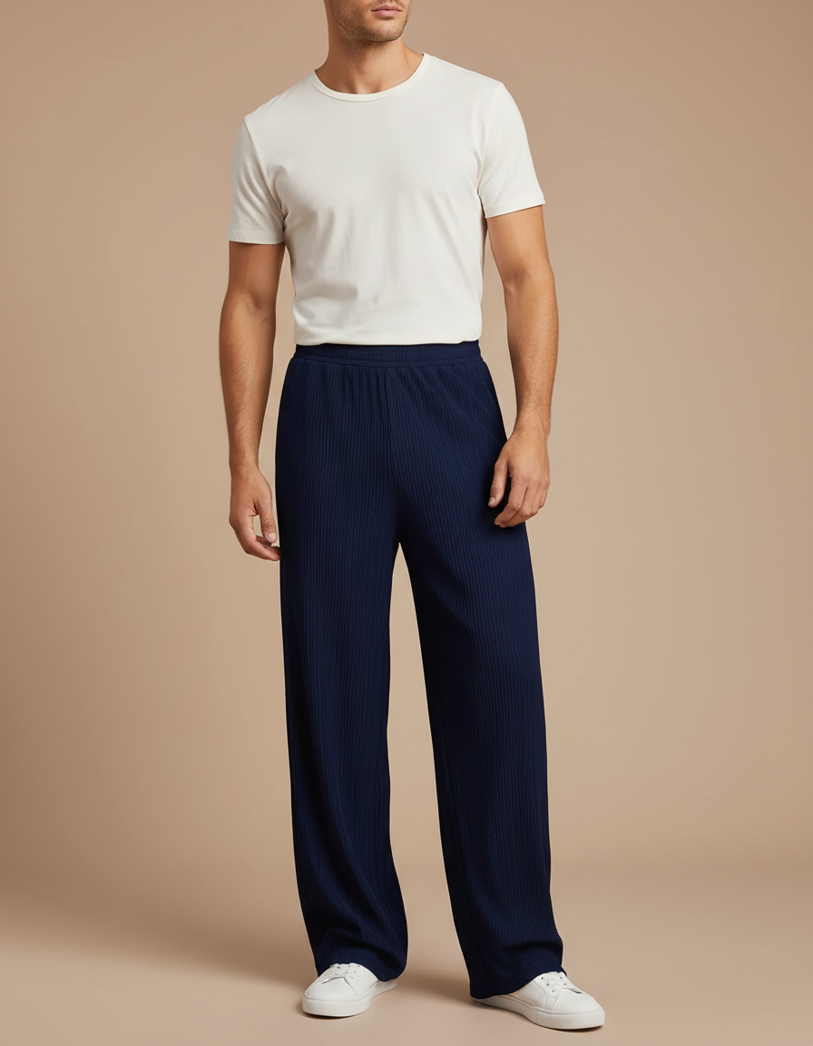 Pantalon Fluide Bleu Marine Côtelé Ample Décontracté Homme - Maille