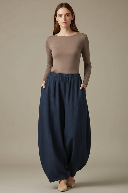 Pantalon Fluide Bleu Marine Ample Lin Coton Femme