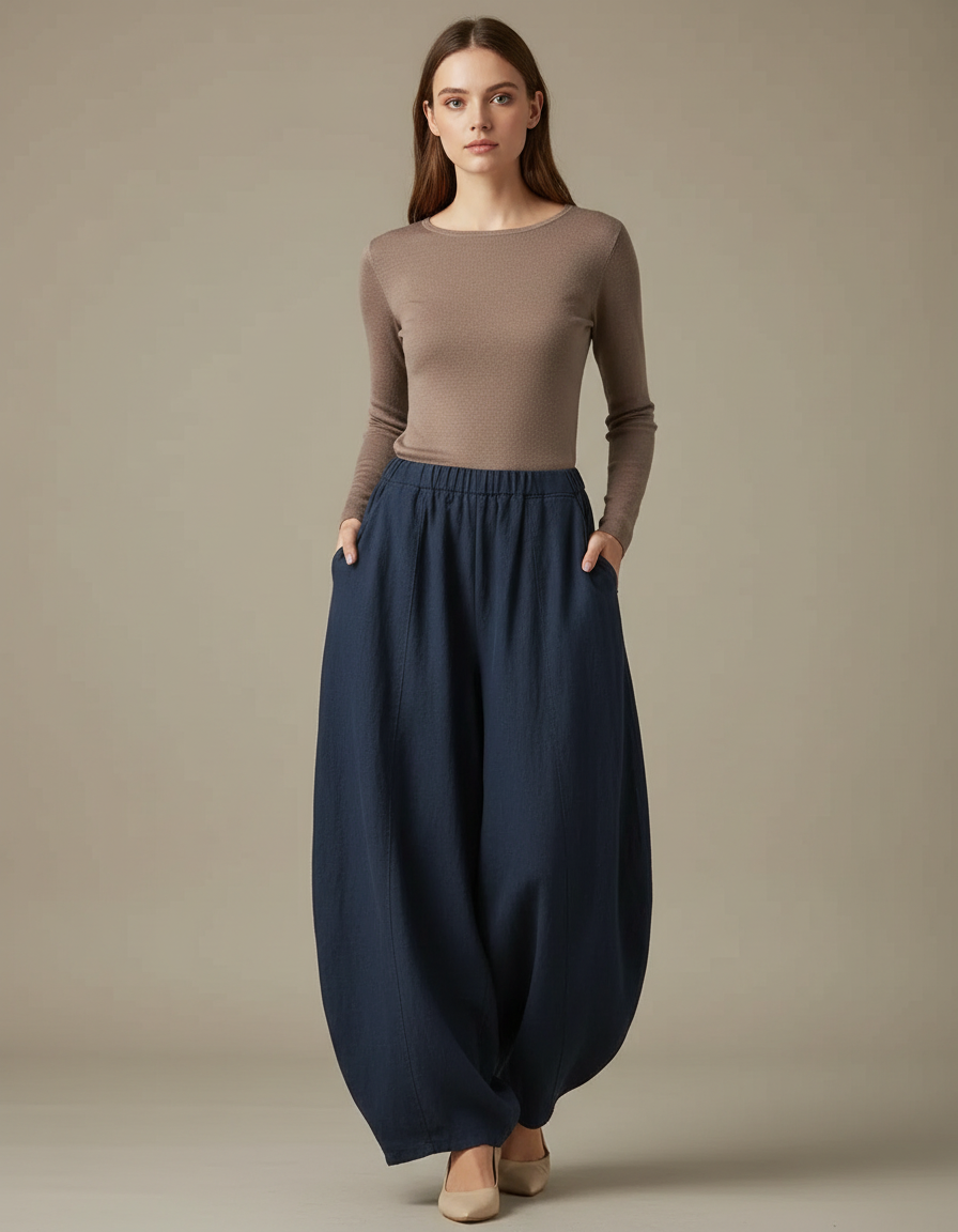 Pantalon Fluide Bleu Marine Ample Lin Coton Femme