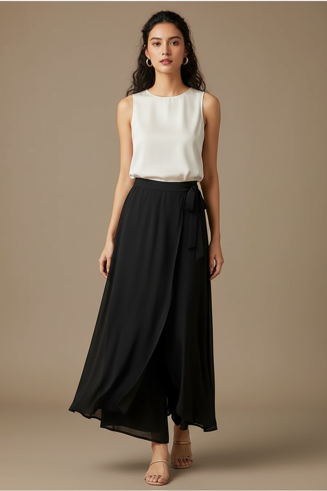 Pantalon Fluide Noir Chiffon Ample Taille Haute Élégant - Polyester