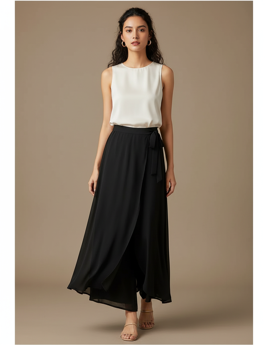 Pantalon Fluide Noir Chiffon Ample Taille Haute Élégant - Polyester
