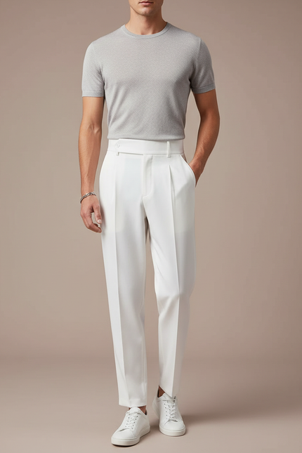 Pantalon Fluide Blanc Plissé Taille Haute Homme - Gabardine