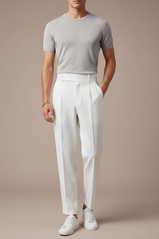 Pantalon Fluide Blanc Plissé Taille Haute Homme - Gabardine
