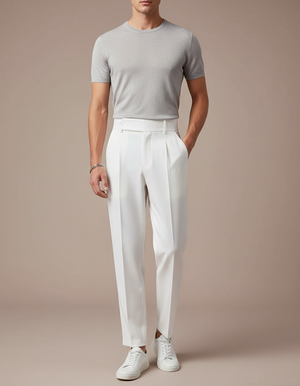 Pantalon Fluide Blanc Plissé Taille Haute Homme - Gabardine