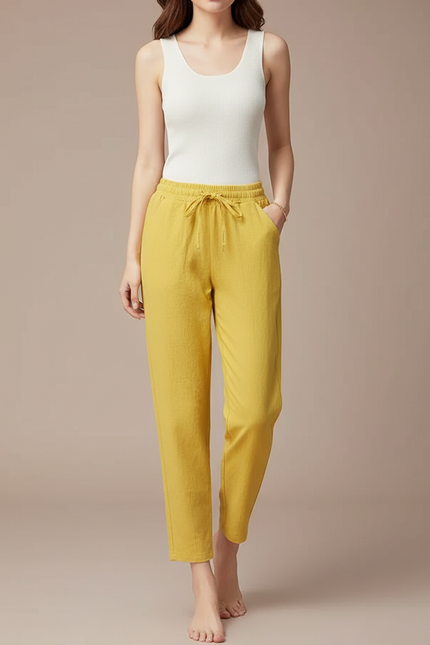 Pantalon Fluide Jaune Moutarde Ample Coton Lin Casual