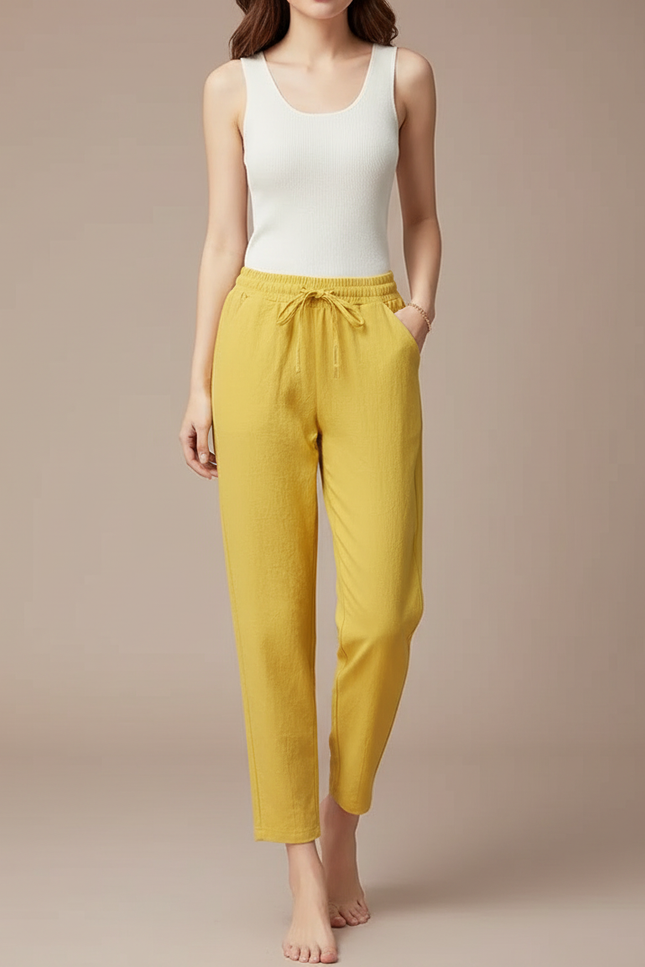 Pantalon Fluide Jaune Moutarde Ample Coton Lin Casual