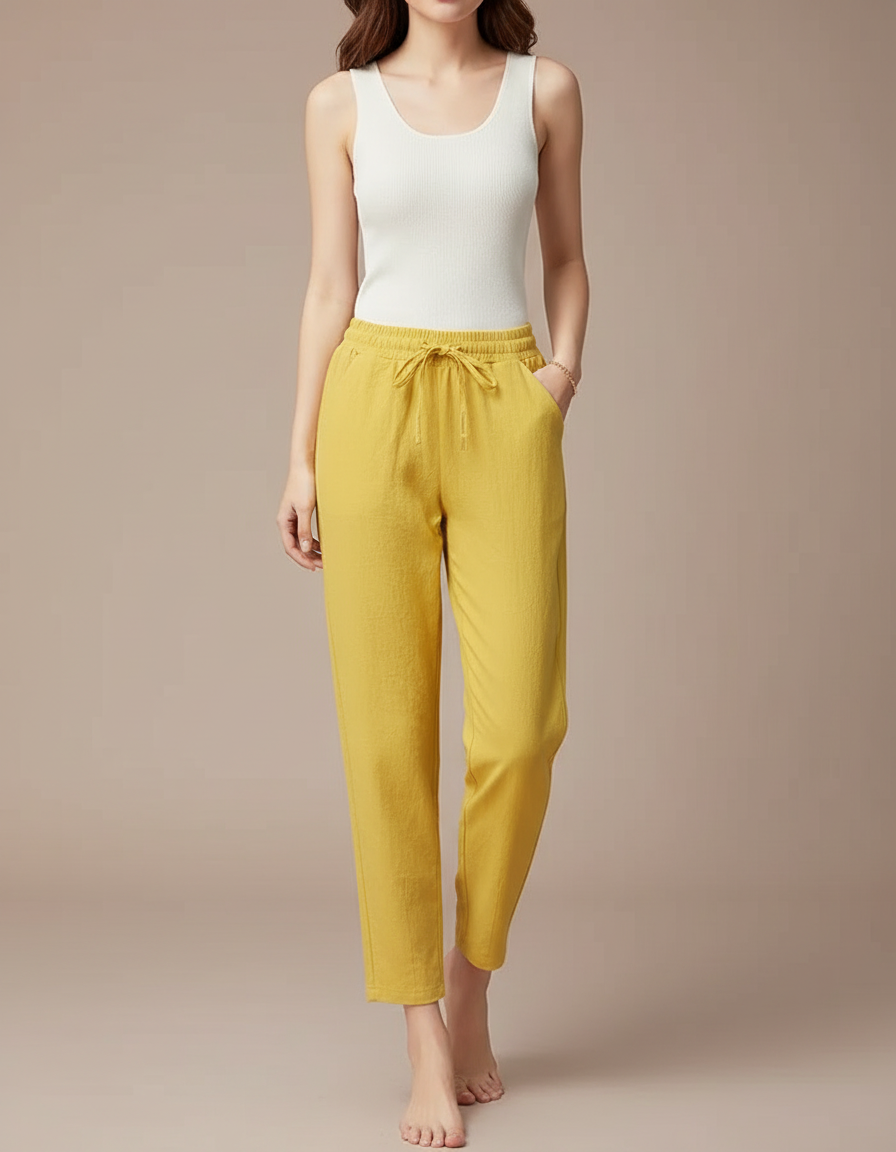 Pantalon Fluide Jaune Moutarde Ample Coton Lin Casual