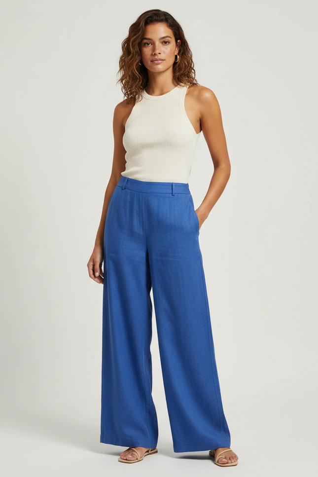 Pantalon Fluide Bleu Royal Ample Lin Élégant
