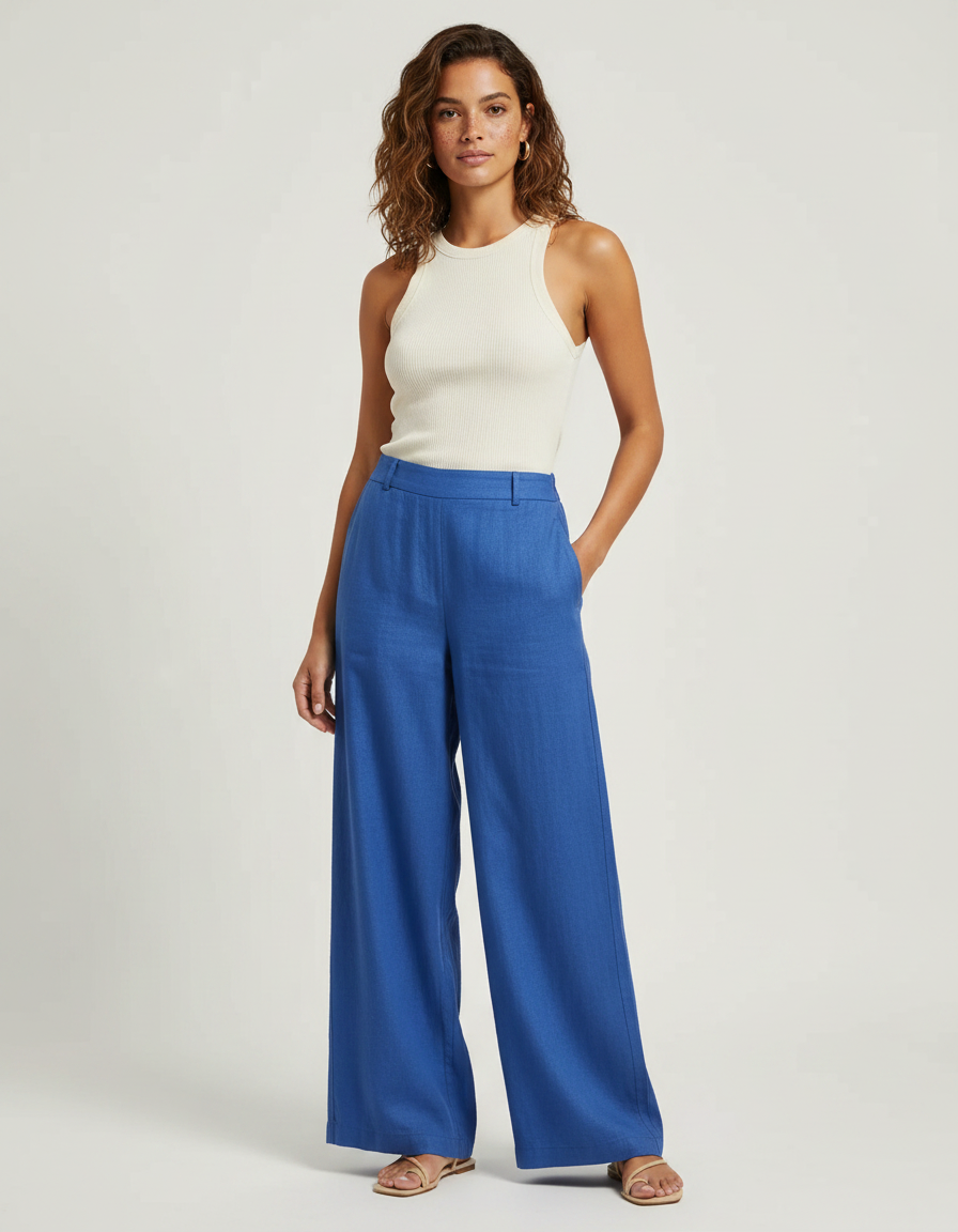 Pantalon Fluide Bleu Royal Ample Lin Élégant