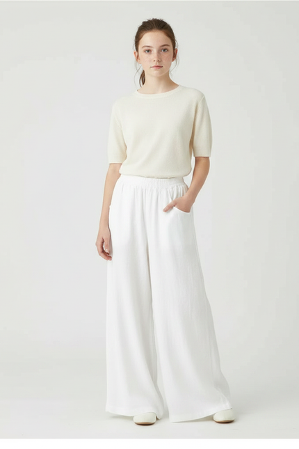 Pantalon Fluide Blanc Ample Coton Lin Taille Haute