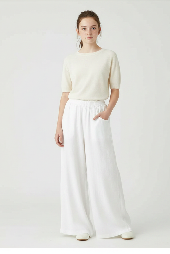 Pantalon Fluide Blanc Ample Coton Lin Taille Haute